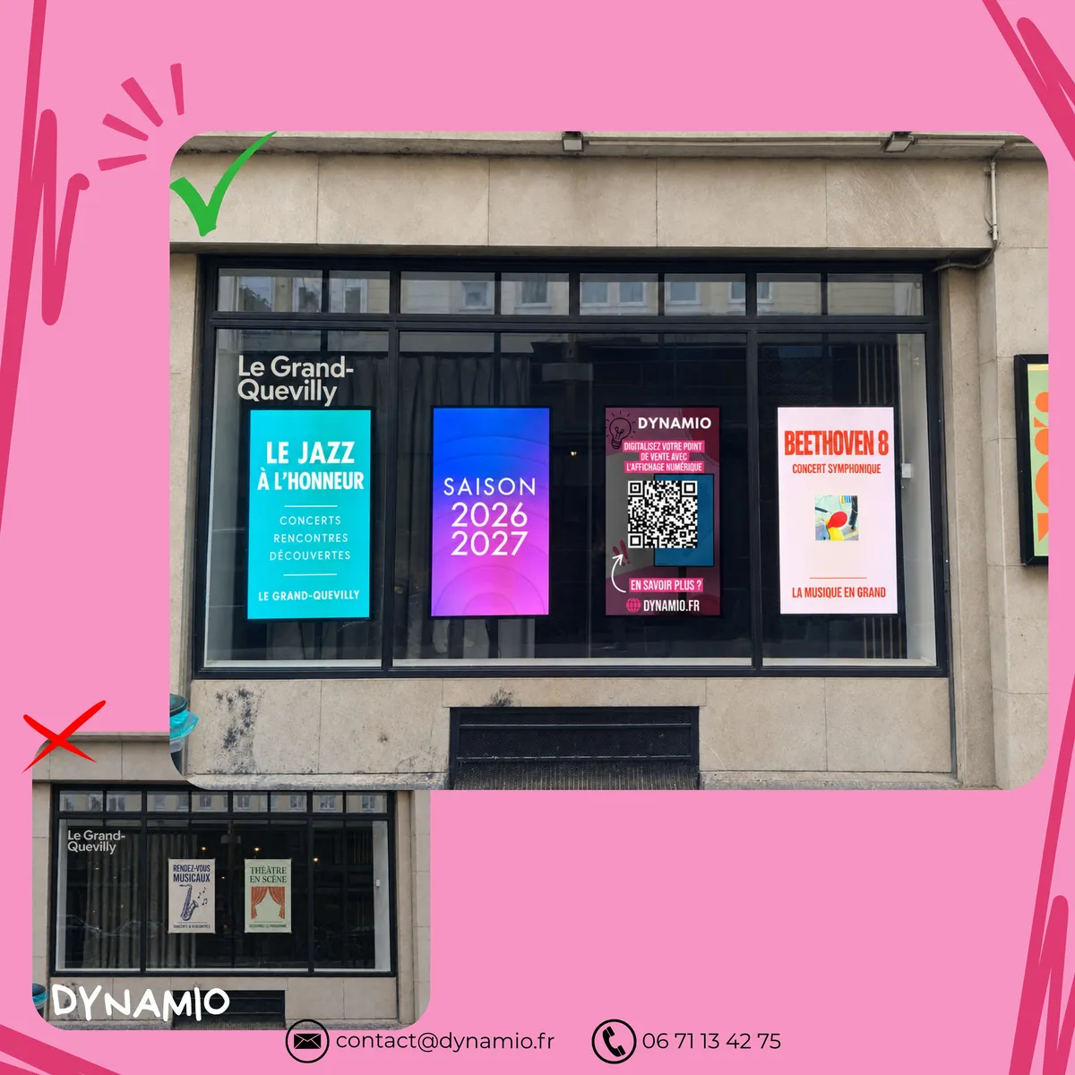Avant/après au Grand-Quevilly : quatre écrans vitrine verticaux remplacent les affiches papier et annoncent la saison culturelle 2026-2027