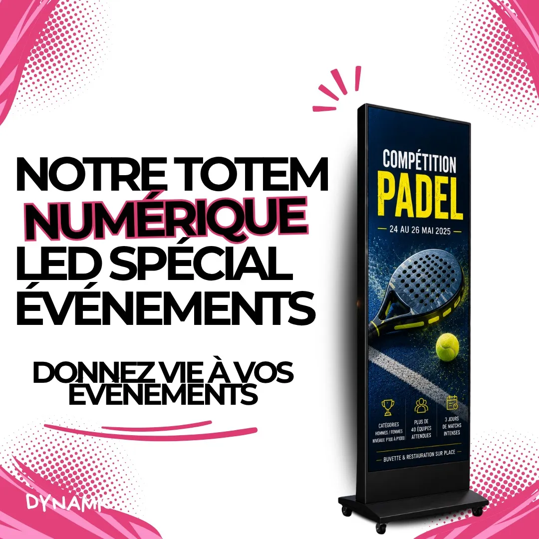 Totem LED mobile sur roulettes affichant le programme d'une compétition de padel