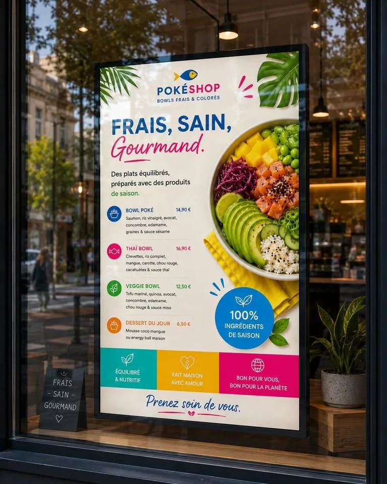 Écran LED vitrine portrait installé dans le restaurant PokéShop, menu frais et coloré visible depuis la rue