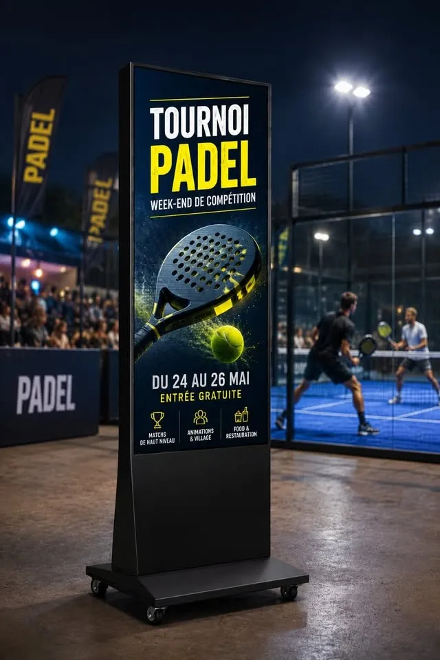 Totem LED extérieur annonçant un tournoi de padel, installé de nuit devant un complexe sportif