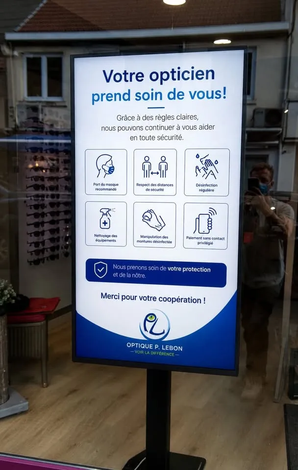 Totem LCD en vitrine de l'opticien Optique P. Lebon affichant les mesures sanitaires