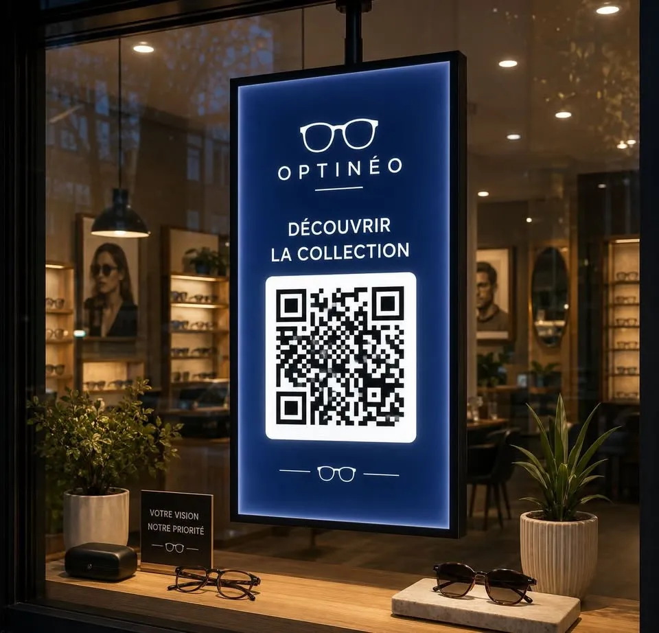 Totem LCD installé chez un opticien, invitant à découvrir la collection via un QR code