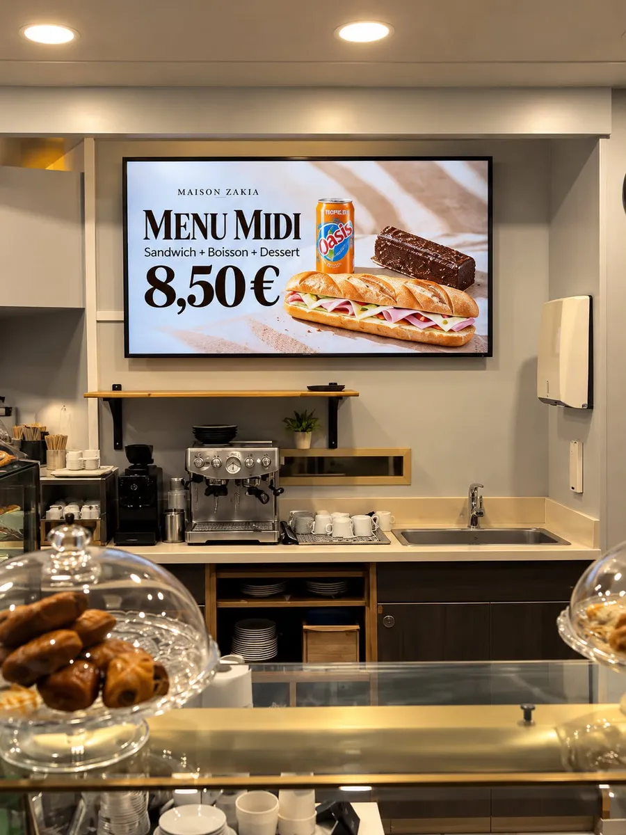 Écran mural au-dessus du comptoir d'un café, affichant la formule Menu Midi à 8,50 € : sandwich, boisson et dessert